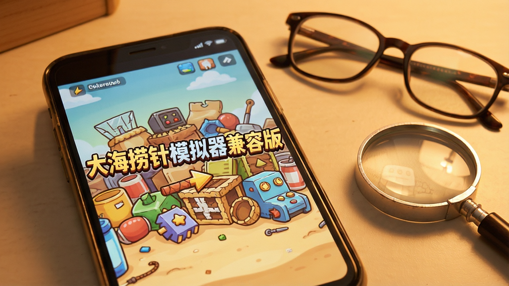 手机屏幕显示游戏加载界面,界面上有“大海捞针模拟器兼容版”标题文字,背景是卡通风格的杂物堆,手机旁边放着一副眼镜和一个放大镜,整体色调温暖,画质清晰,无多余装饰元素