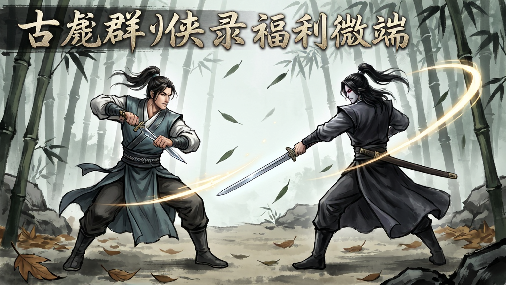 主体为古龙群侠录福利微端剧情副本场景,布局为中央展示一场竹林中的武侠对决,李寻欢手持飞刀与神秘剑客对峙,四周有飘落的竹叶与剑气光效,排版采用横版游戏场景原画样式,风格为水墨武侠风,细节包括人物表情、衣纹褶皱、地面上的枯叶与石块,画面中需清晰呈现“古龙群侠录福利微端”字样,画质为高清精致,画面干净,无多余元素。