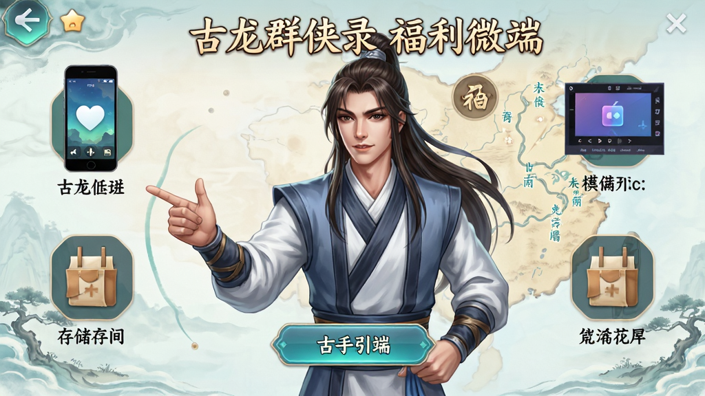 主体为古龙群侠录福利微端新手引导界面,布局为中央展示一位古装侠客正在向新手玩家指点操作,四周环绕手机、模拟器、存储空间图标等元素,排版采用横版教程说明图样式,风格为清新明快的国风教学风,细节包括侠客手势、界面按钮高亮、背景中的江湖地图轮廓,画面中需清晰呈现“古龙群侠录福利微端”字样,画质为高清精致,画面干净,无多余元素。