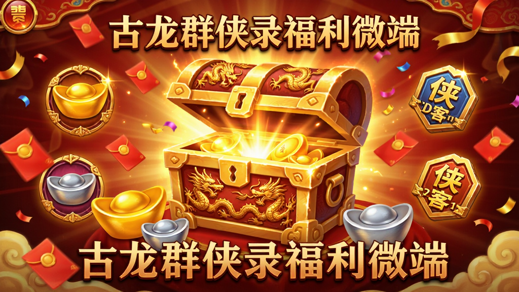 主体为古龙群侠录福利微端游戏福利界面,布局为中央展示一个金光闪闪的宝箱正在开启,四周环绕元宝、银两、侠客令牌等奖励图标,排版采用横版宣传图样式,风格为华丽喜庆的国风游戏UI风,细节包括宝箱上的龙纹雕刻、飘落的红包与彩带、背景中的喜庆红色与金色光效,画面中需清晰呈现“古龙群侠录福利微端”字样,画质为高清精致,画面干净,无多余元素。