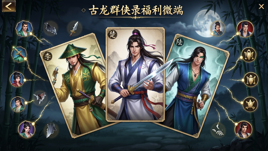 主体为古龙群侠录福利微端侠客收集界面,布局为中央展示李寻欢、楚留香、陆小凤三位经典侠客的立绘卡片,卡片呈扇形排列,四周环绕侠客碎片与羁绊连线,排版采用横版图鉴展示样式,风格为精致国风武侠卡牌风,细节包括侠客服饰纹理、武器光泽、背景中的竹林与月光,画面中需清晰呈现“古龙群侠录福利微端”字样,画质为高清精致,画面干净,无多余元素。