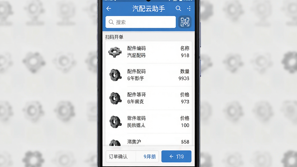 汽配云助手软件主界面展示,主体为一部安卓手机屏幕中显示汽配配件扫码开单页面,布局简洁清晰,上方为搜索框与扫码按钮,中间为配件列表,下方为订单确认区域,排版为竖屏移动端界面风格,细节包括配件编码、名称、数量、价格等字段,画质清晰,干净,无多余元素