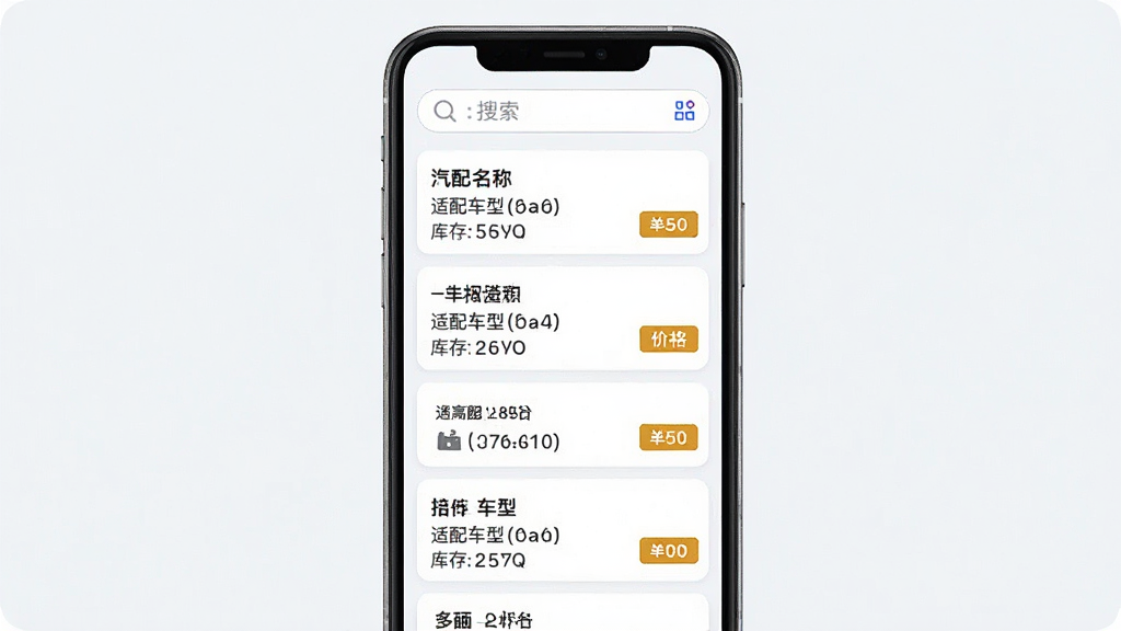 汽配云助手配件信息查询界面展示,主体为手机屏幕中显示配件搜索列表,布局为顶部搜索框加下方卡片式列表,排版为竖向滚动列表风格,风格清爽浅色,细节包括配件名称、适配车型、库存数量、价格标签,画质清晰,干净,无多余元素
