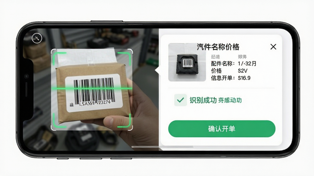 汽配云助手扫码开单功能展示,主体为手机摄像头对准配件包装上的条码,屏幕中同步弹出配件详细信息卡片,布局为左右分栏,左侧为扫描取景框,右侧为配件名称编码价格信息,排版为移动端操作界面,风格简洁商务,细节包括绿色扫描线、识别成功提示、确认开单按钮,画质清晰,干净,无多余元素