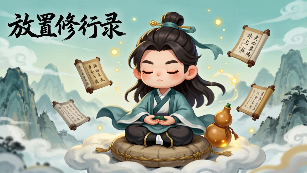 画面中央为一位身穿青灰色道袍的Q版修仙者盘腿坐在云端蒲团上闭目打坐,周围环绕金色灵气光点与漂浮的功法卷轴,背景是层叠的远山与淡青色天空,画面左上角用毛笔字体写有“放置修行录”五个字,整体风格为国风水墨与Q版卡通融合,布局简洁居中,细节包含飘动的衣角与发光的丹药葫芦,画质高清,干净,无多余元素