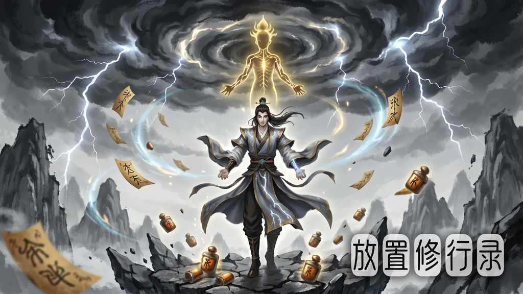 画面中央为一位修仙者站在雷劫云下,头顶悬浮金色元婴虚影,周围有闪电与灵气漩涡,脚下是破碎的山峰与散落的突破丹,画面右下角用篆体字写有“放置修行录”,整体风格为玄幻水墨,布局以人物为视觉中心,细节包含飞散的符与发光的经脉线条,画质高清,干净,无多余元素