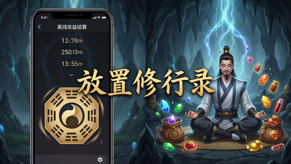 画面分为左右两部分,左侧为手机屏幕显示离线收益结算界面,右侧为修仙者坐在洞府中自动打坐,周围有灵石与丹药自动飞入储物袋,背景为幽静山洞与发光灵脉,画面中间用金色字体写有“放置修行录”四个字,整体风格为清新国风,布局对称,细节包含数字跳动的修为值与转动的八卦阵,画质高清,干净,无多余元素