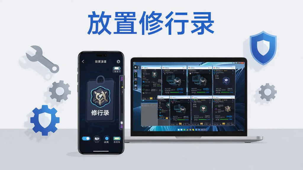 画面中央为一部智能手机与一台笔记本电脑并排摆放,手机屏幕显示放置修行录挂机界面,电脑屏幕显示模拟器多开窗口,周围有扳手、齿轮与盾牌图标,背景为浅灰色桌面,画面顶部用蓝色字体写有“放置修行录”,整体风格为扁平科技风,布局简洁,细节包含权限开关与电池白名单图标,画质高清,干净,无多余元素
