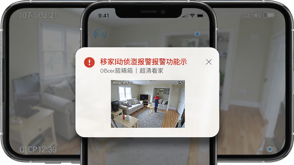 手机监控超清看家移动侦测报警功能展示,画面主体是一部手机屏幕弹出报警通知弹窗,弹窗内显示移动侦测触发文字和监控画面缩略图,布局居中,排版突出弹窗,风格简洁直观,细节包括弹窗阴影和手机状态栏图标,画质高清,干净,无多余元素