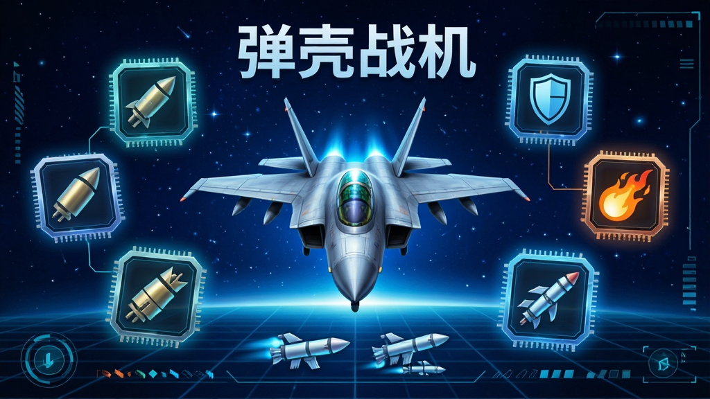 一架战机悬浮在中央,四周漂浮着发光的强化芯片图标,包括分裂弹、护盾、火焰弹、追踪导弹等符号,背景是深蓝色星空与网格地面,UI界面简洁,科幻游戏宣传图风格,色彩鲜明,画质干净,无多余元素,画面中带文字“弹壳战机”