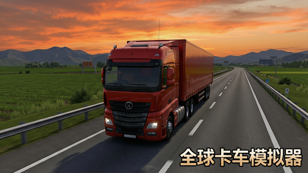 画面中央是一辆红色重型卡车行驶在宽阔的高速公路上,道路两侧是绿色田野和远处的山脉,天空呈现黄昏时分的橙色晚霞,画面右下角放置游戏标题文字