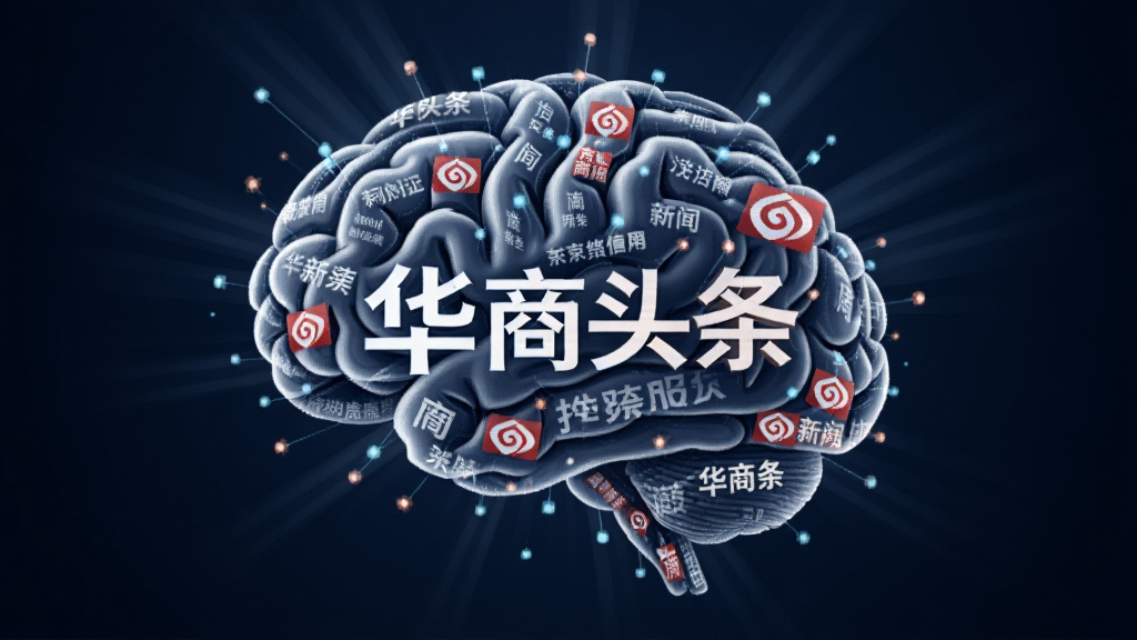 一个抽象的AI大脑图形,大脑由各种新闻关键词和\