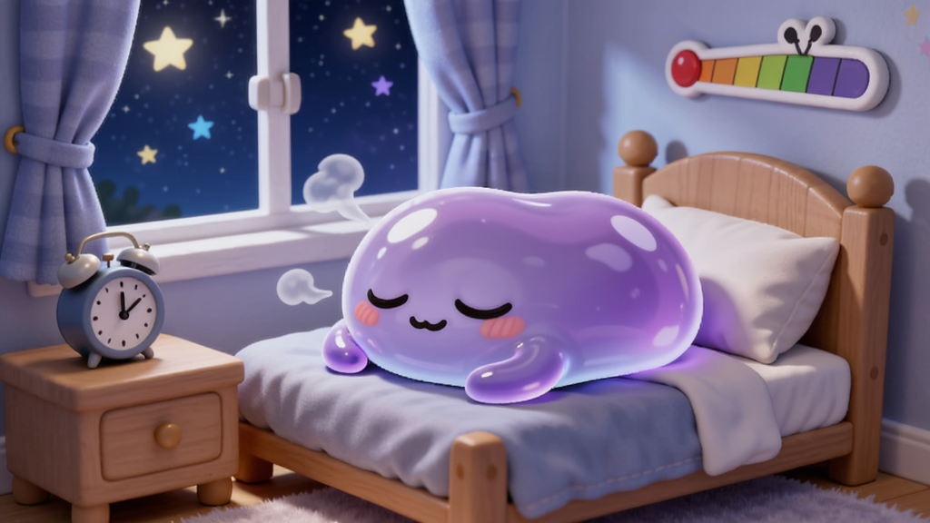 一只睡着的紫色史莱姆躺在小床上,窗外是夜晚星空,床头有闹钟和成长进度条,主体居中布局,风格为温馨卡通夜景,细节包括史莱姆的呼吸起伏和柔和的月光,画质高清干净,无多余元素