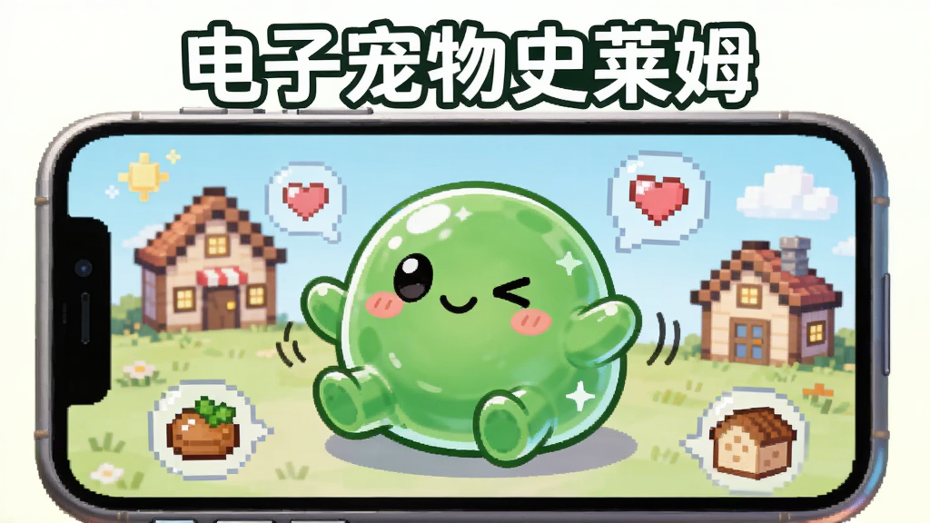 一只圆润可爱的绿色史莱姆坐在手机屏幕中央,周围环绕着像素风的小屋、食物图标和爱心气泡,主体居中布局,上方留白放置标题文字