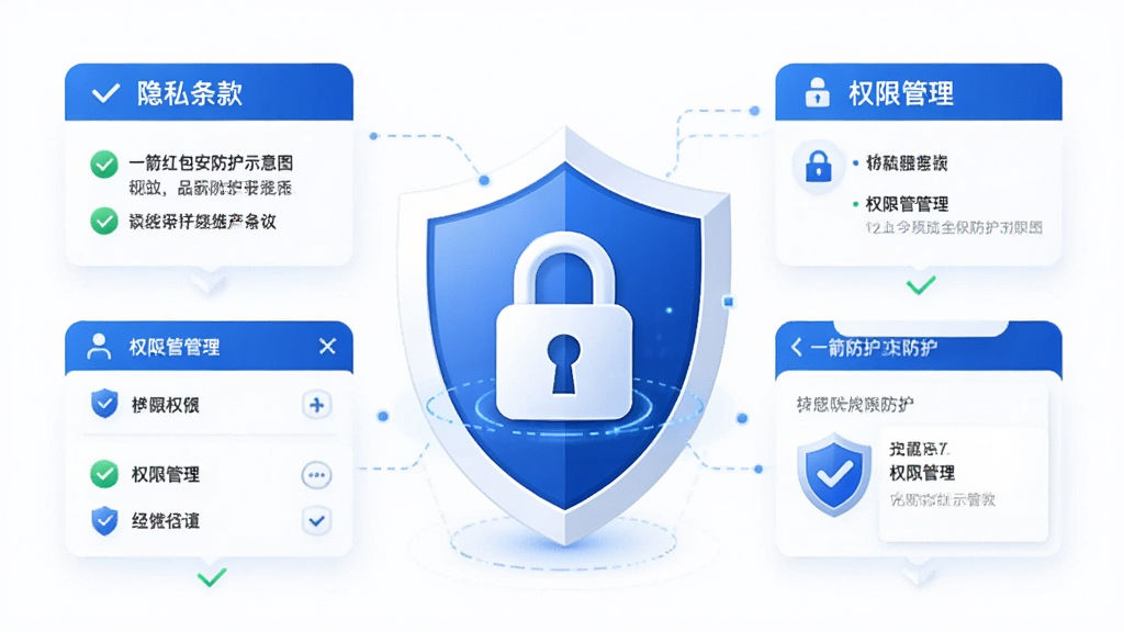 一箭红包安全防护示意图,画面中央为盾牌与锁形图标,周围环绕隐私条款与权限管理界面元素,整体采用蓝白配色,风格专业可信,布局为居中对称结构,细节包含勾选标记与安全标识,画质清晰干净,无多余元素