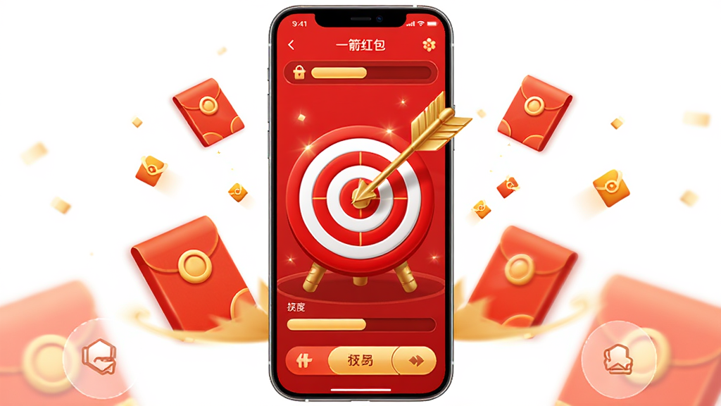 一箭红包软件主界面全景展示,画面中央放置一个红色箭靶与金色箭矢元素,周围环绕红包与好运符号,整体采用红金配色,风格喜庆简约,布局为手机屏幕竖版构图,细节包含进度条、得分面板与操作按钮,画质清晰干净,无多余元素