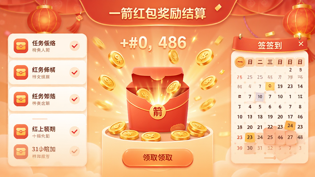 一箭红包奖励结算页面,画面中央显示红包打开动画与金币散落效果,周围环绕任务列表与签到日历,整体采用暖色调,风格活泼喜庆,布局为上下结构,细节包含金额数字与领取按钮,画质清晰干净,无多余元素