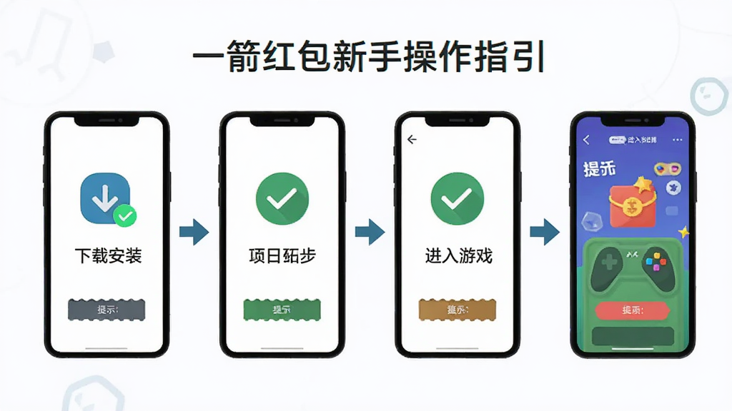 一箭红包新手操作指引图,画面展示手机屏幕内从下载安装到进入游戏的四个步骤示意图,每一步配有简洁图标与箭头引导,整体采用扁平化风格,布局为横向排列,细节包含对勾标记与提示文字,画质清晰干净,无多余元素