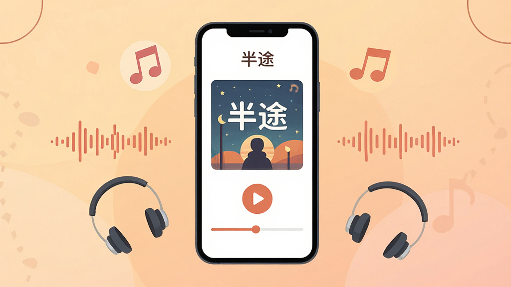 画面中央放置一部智能手机,手机屏幕显示“半途”应用主界面,界面内有广播剧封面、播放按钮和进度条;手机周围散落着耳机、音符图标和音频波形装饰元素;背景为柔和的暖色调渐变,整体布局居中对称;风格为扁平化数字插画,细节干净利落,画质清晰,无多余元素。
