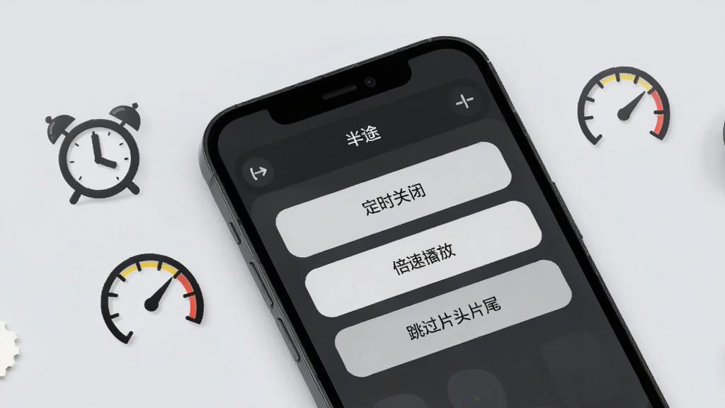 手机屏幕显示“半途”播放设置面板,面板上有定时关闭、倍速播放、跳过片头片尾等选项按钮,按钮排列整齐;手机旁边有闹钟图标和速度仪表盘图标作为装饰;背景为浅灰色极简风格,布局清晰,画质干净,无多余元素。