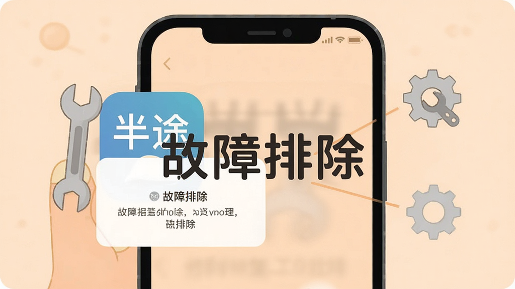 手机屏幕显示“半途”应用出现报错弹窗,旁边有扳手和齿轮图标表示修复工具,背景为浅橙色柔和色调;画面中央有“故障排除”字样,风格为简洁扁平插画,布局清晰,画质干净,无多余元素。