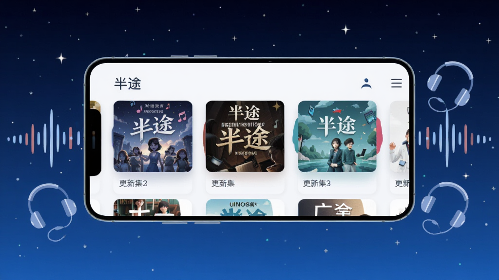 一部智能手机横屏展示“半途”应用内的广播剧列表页面,页面上排列着多张广播剧封面卡片,卡片上有剧名和更新集数;手机两侧漂浮着声音波纹和耳机图案,背景为深蓝色夜空渐变;风格为科技感扁平插画,细节清晰,画质干净,无多余元素。
