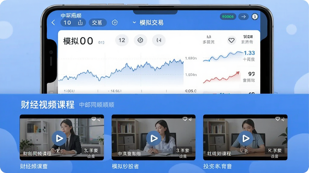 一张展示中邮同花顺APP内模拟炒股和投资者教育板块的图片,画面中手机屏幕分成两部分,上半部分是模拟交易持仓界面,下半部分是财经视频课程的缩略图列表。整体色调为清新的蓝色和白色,风格友好且富有教育意义,画质清晰,无杂乱元素。