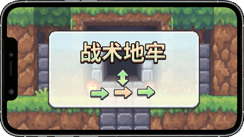 战术地牢游戏新手教程界面预览图,画面展示手机屏幕中的教学提示弹窗,背景为像素地牢入口场景,画面中央有“战术地牢”文字与操作指引箭头,布局清晰简洁,风格为卡通像素风,色调明亮柔和,画质干净无杂乱元素。