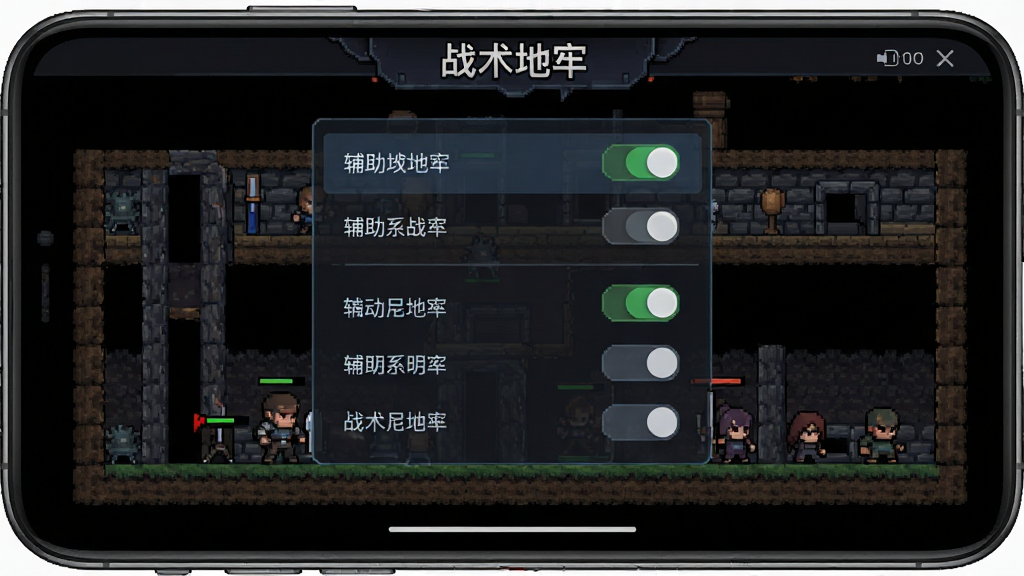 战术地牢内置菜单功能界面展示图,画面为手机屏幕截图风格,中央弹出半透明菜单面板,面板上列有多个辅助选项开关,背景是像素地牢场景与角色,顶部带有“战术地牢”字样,布局简洁清晰,风格为暗色科技感与像素风结合,画质干净,无多余装饰元素。