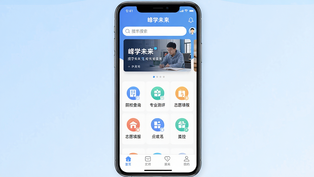 һ��չʾ�ֻ�Ӧ�ý����ͼƬ�����������ǡ���ѧδ����APP����ҳ��ͼ����������������ֲ�ͼ���в�������ԺУ��ѯ��רҵ������־Ը��ȹ���ͼ�꣬�ײ��ǵ�����������Ϊ����ǳ��ɫ���䣬����ִ����£�ϸ�����������ʸɾ����޶���Ԫ�ء�