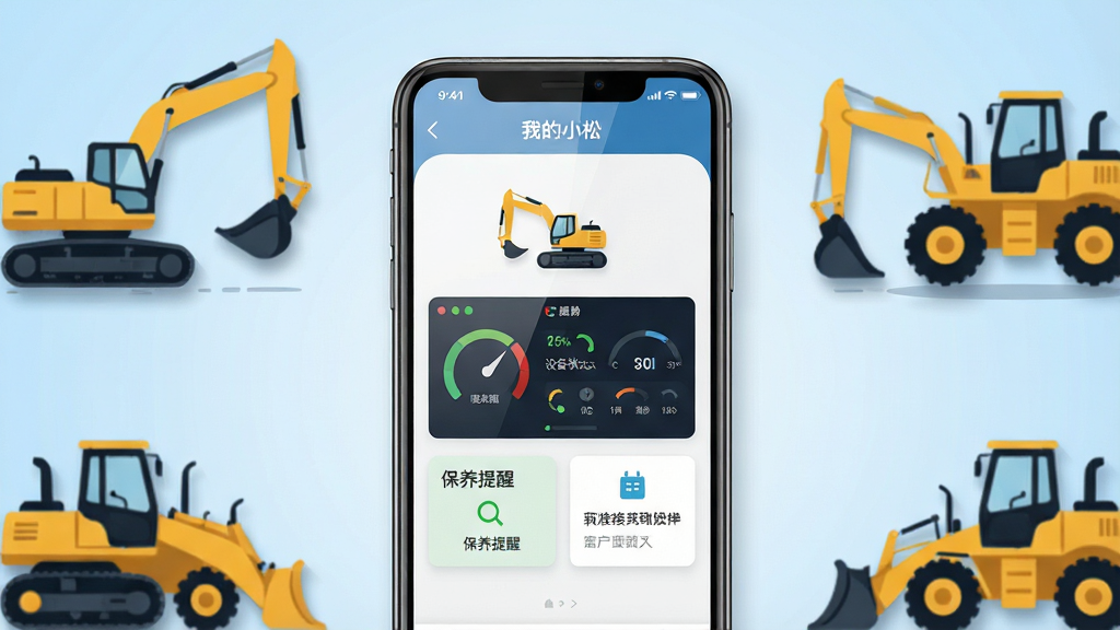 一张展示我的小松软件核心全貌的图片,画面中央是一部智能手机,手机屏幕上清晰显示着