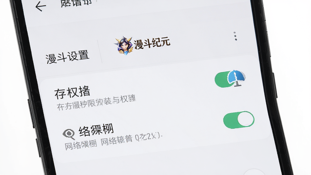 一张展示手机游戏安装设置界面的图片,画面中是一个安卓手机的权限管理页面,显示有存储权限和网络权限的开关选项,界面简洁清晰,背景是手机系统设置的浅色主题,画质高清,干净无多余元素,带有