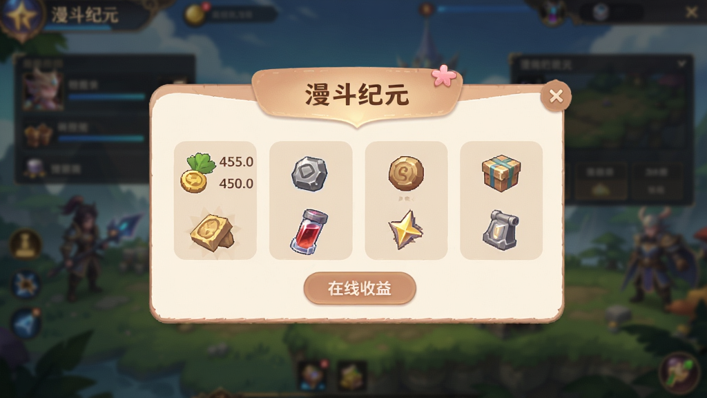一张展示游戏挂机收益界面的图片,画面中是一个温馨的离线收益弹窗,显示着各种资源和道具的收获数量,背景是游戏主界面的模糊虚化效果,界面设计简洁友好,色彩柔和,画质高清,带有