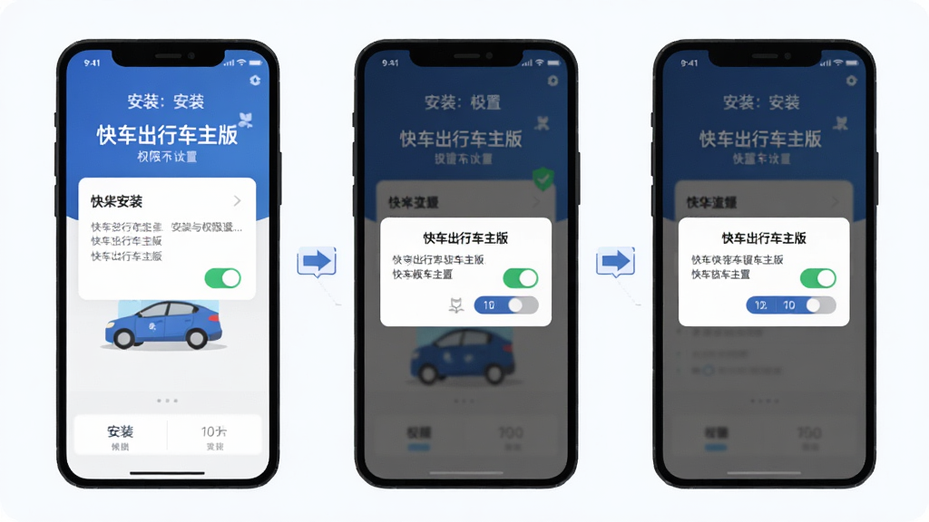 主体为快车出行车主版安装与权限设置流程示意图;布局为手机屏幕分步骤展示安装界面和权限弹窗;排版从左到右依次排列三个手机画面;风格为扁平化教程插画风格;细节上画面中有