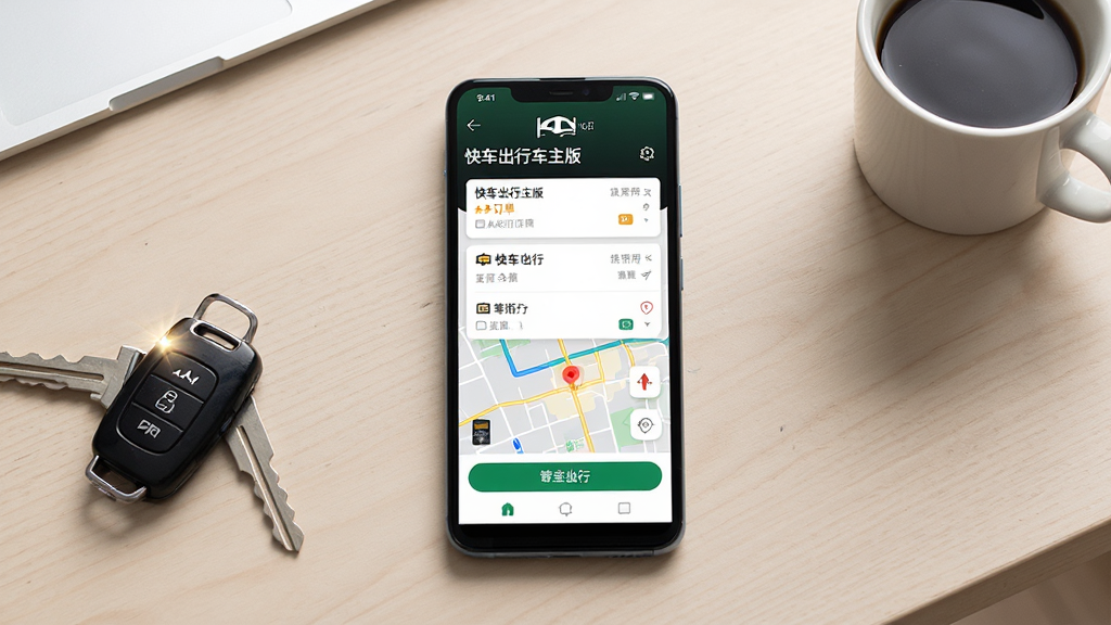 主体为一部安卓智能手机,屏幕上显示快车出行车主版应用主界面,界面中有订单列表和地图导航元素;布局为手机居中放置于浅色桌面,周围有车钥匙和咖啡杯点缀;排版简洁大方,突出手机屏幕内容;风格为现代科技感写实风格;细节上手机屏幕有