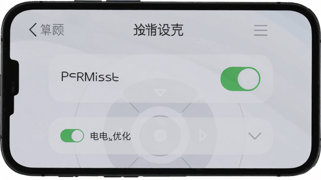 手机屏幕显示万能通用智能遥控器APP的设置界面,界面中有权限开关和电池优化选项,背景为浅灰色,风格简洁商务,画质清晰,图片中不出现文字。