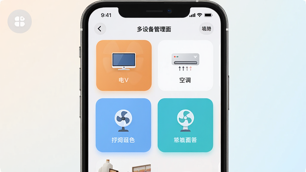 手机屏幕展示万能通用智能遥控器APP的多设备管理界面,界面中有多个设备卡片,分别标注着电视、空调、风扇等图标,每个卡片有不同的颜色区分;背景是浅色渐变,整体风格清爽干净,布局整齐,画质细腻,图片中不出现文字。