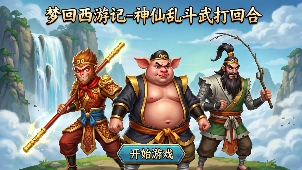 梦回西游记-神仙乱斗武打回合游戏主界面截图,画面中央展示孙悟空、猪八戒、沙僧三人组队站立,背景为花果山瀑布与云海,布局为上方显示游戏名称“梦回西游记-神仙乱斗武打回合”,下方为开始游戏按钮,风格为国风卡通渲染,细节包含角色服饰纹理、光影特效,画质高清,干净,无多余元素