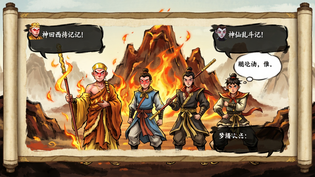 梦回西游记-神仙乱斗武打回合剧情副本界面,画面中展示唐僧师徒四人在火焰山前,布局为横向卷轴,风格为国风手绘,细节包含火焰特效、角色表情、对话气泡,画质高清,干净,无多余元素
