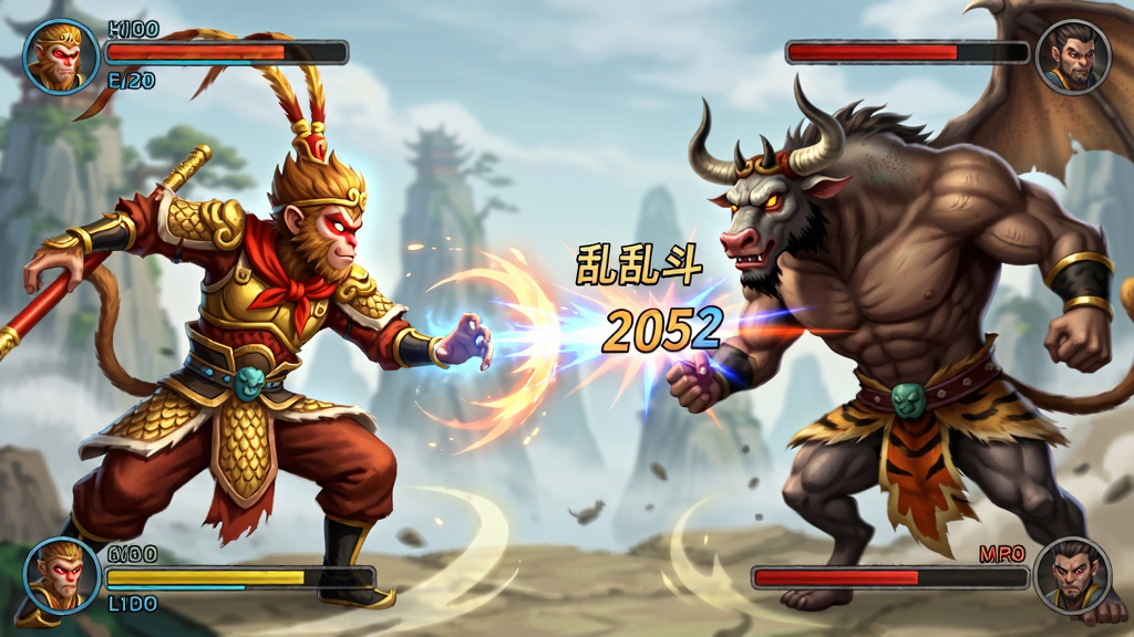 梦回西游记-神仙乱斗武打回合战斗场景,画面中孙悟空与牛魔王对峙,布局为左右对战,风格为武打动作风格,细节包含技能特效、伤害数字、血条,画质高清,干净,无多余元素