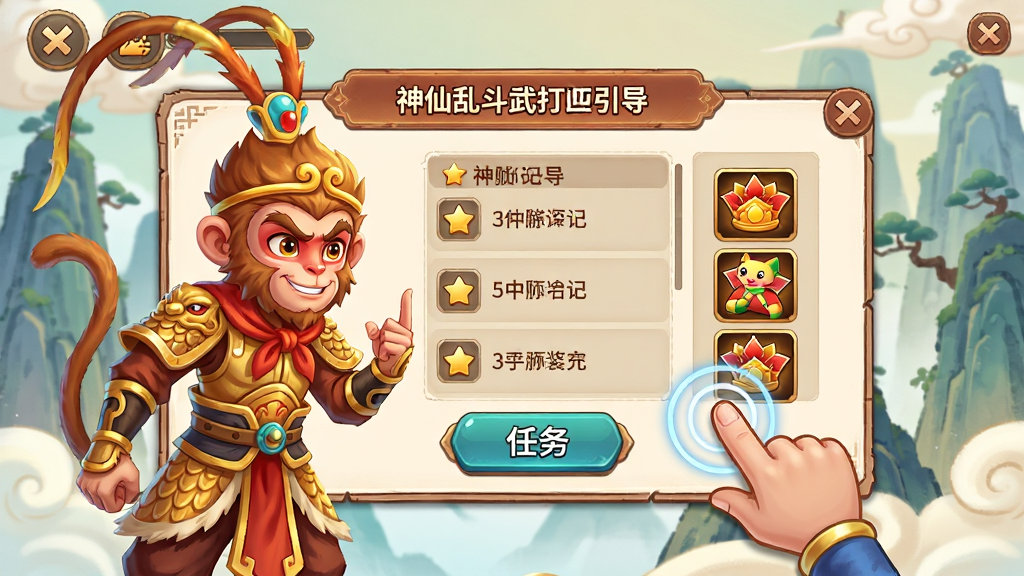 梦回西游记-神仙乱斗武打回合新手引导界面,画面中展示孙悟空带领玩家点击任务按钮,布局为居中弹窗,风格为国风卡通,细节包含手指点击特效、任务列表、奖励图标,画质高清,干净,无多余元素