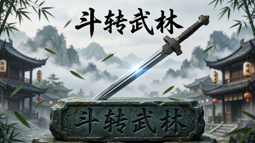 主体是一把古朴的武侠长剑斜插在刻有“斗转武林”四个大字的青石台面上,背景是云雾缭绕的群山与复古的江湖客栈建筑,布局采用居中构图,剑身反射出冷冽的金属光泽,排版上文字位于画面正上方,风格为中国传统水墨与写实融合的武侠风,细节包括飘落的竹叶、石台纹理、远处若隐若现的灯笼,画质高清,干净,无多余元素