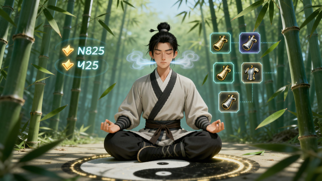 主体是一位武侠角色在竹林深处闭目打坐,身旁悬浮着发光的经验值数字与装备图标,布局采用人物居中、竹林环绕,排版上画面明亮清晰,风格为清新武侠玄幻风,细节包括竹叶飘落、角色呼吸时的光效、地面上的太极图案,画质高清,干净,无多余元素