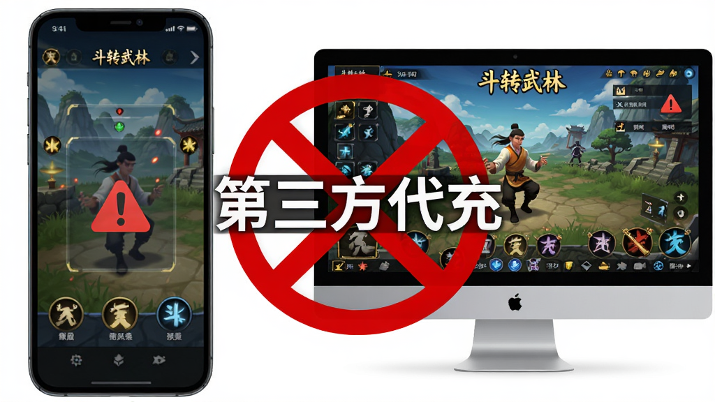 主体是一部智能手机与一台电脑并排显示“斗转武林”游戏画面,布局采用左右对比构图,手机在左电脑在右,排版上画面中央有醒目的红色禁止符号覆盖在“第三方代充”文字上,风格为扁平化科技风,细节包括设备边框、游戏UI界面、警告图标,画质高清,干净,无多余元素