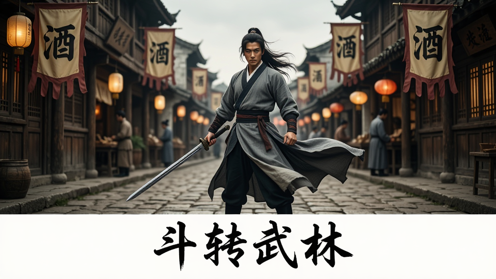 主体是一位身穿劲装、手持长剑的武侠角色站在古镇街道中央,周围是木质结构的客栈与酒旗,布局采用人物居中、场景向两侧延伸,排版上画面下方留白用于展示“斗转武林”文字,风格为复古写实武侠风,细节包括石板路纹理、灯笼光影、角色衣袂飘动,画质高清,干净,无多余元素