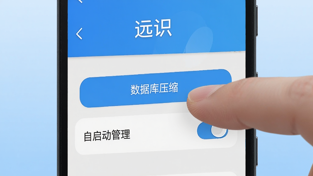 主体为一部安卓手机屏幕显示“远识”APP的设置界面,界面中包含“数据库压缩”按钮与“自启动管理”开关。布局为手机正面特写,背景为浅蓝色渐变,风格简洁实用,细节包含手指点击屏幕的动作与界面文字“远识”,画质清晰,干净,无多余元素。