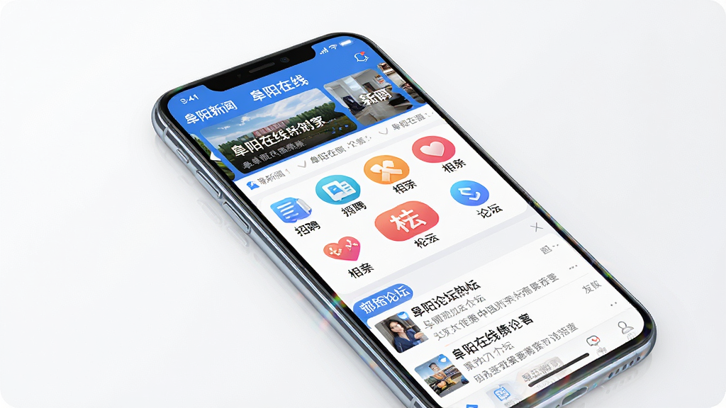 一张展示阜阳在线APP核心界面的完整全貌图,主体为一部智能手机,屏幕内呈现阜阳在线应用的主页,包含顶部新闻轮播、中部功能图标区、底部论坛热帖列表。布局采用居中构图,手机略微倾斜展示。排版清晰,界面元素丰富但井然有序。风格为现代科技感UI设计,蓝色与白色为主色调。细节包括新闻缩略图、招聘图标、相亲图标、论坛帖子标题文字清晰可见,手机边缘有轻微反光。画质为高清4K,画面干净,无多余元素。