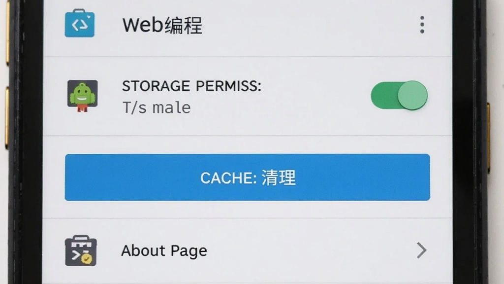 一部安卓手机屏幕显示“Web编程”应用的设置界面,界面中包含存储权限开关、缓存清理按钮和关于页面入口,布局为纵向列表,风格为扁平化浅色UI,细节包括图标样式、文字排版、开关状态颜色,画质清晰,干净无多余元素
