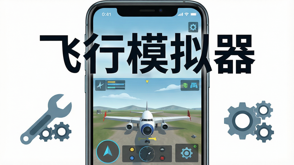 一部智能手机屏幕上显示飞行模拟器游戏画面,旁边有扳手和齿轮图标表示设置优化,画面中央用大字写着