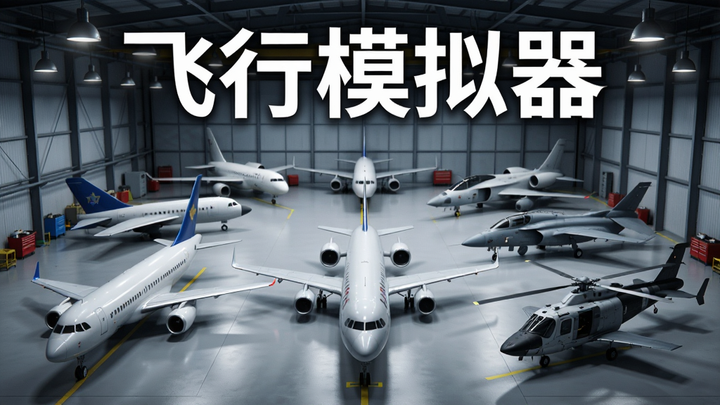 机库内停放着多架不同型号的飞机,包括客机、战斗机和直升机,画面中央用大字写着